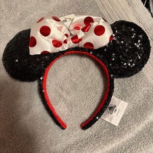 Disney Sequin Minnie Ear Headband with Red Polka Dot Bow - Black, White, Red